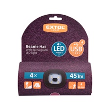 sapka, lila/fekete, kötött, kivehető LED homloklámpával, 4×45 Lumen; USB tölthető Li-ion, 3funkció (100%-75%-50%)