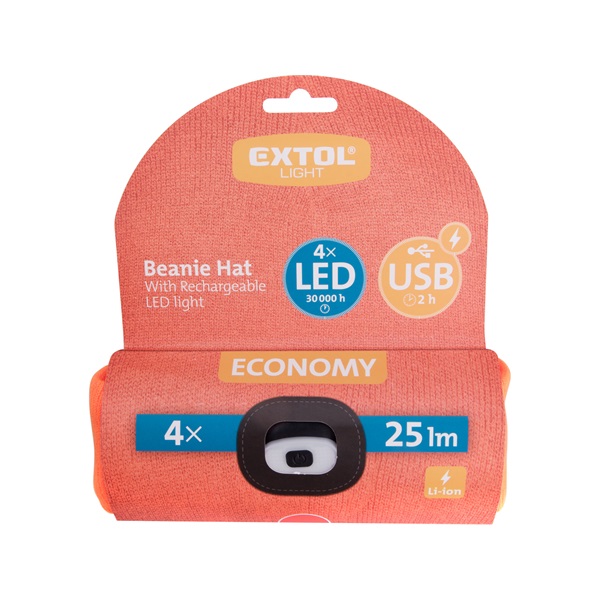 sapka, neon-narancs, kötött, kivehető LED homloklámpával, 4×25 Lumen; USB tölthető Li-ion akku, 3funkció (100%-75%-50%)
