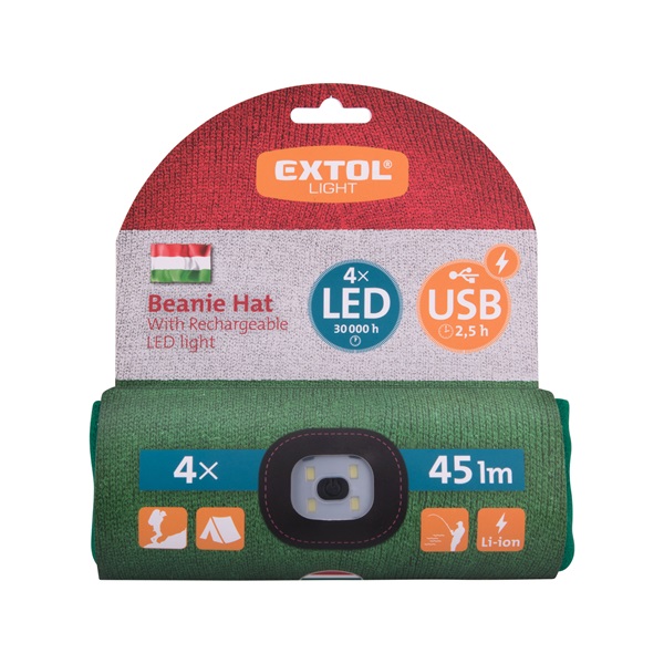 sapka, piros/fehér/zöld, kötött, kivehető LED homloklámpával, 4×45 Lumen; USB tölthető Li-ion, 3funkció (100%-75%-50%)
