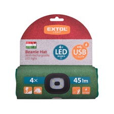 sapka, piros/fehér/zöld, kötött, kivehető LED homloklámpával, 4×45 Lumen; USB tölthető Li-ion, 3funkció (100%-75%-50%)