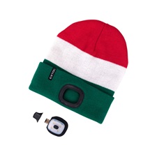 sapka, piros/fehér/zöld, kötött, kivehető LED homloklámpával, 4×45 Lumen; USB tölthető Li-ion, 3funkció (100%-75%-50%)