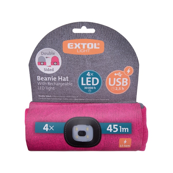 sapka, szürke/pink, kötött, kivehető LED homloklámpával, 4×45 Lumen; USB tölthető Li-ion, 3funkció (100%-75%-50% fénye.)