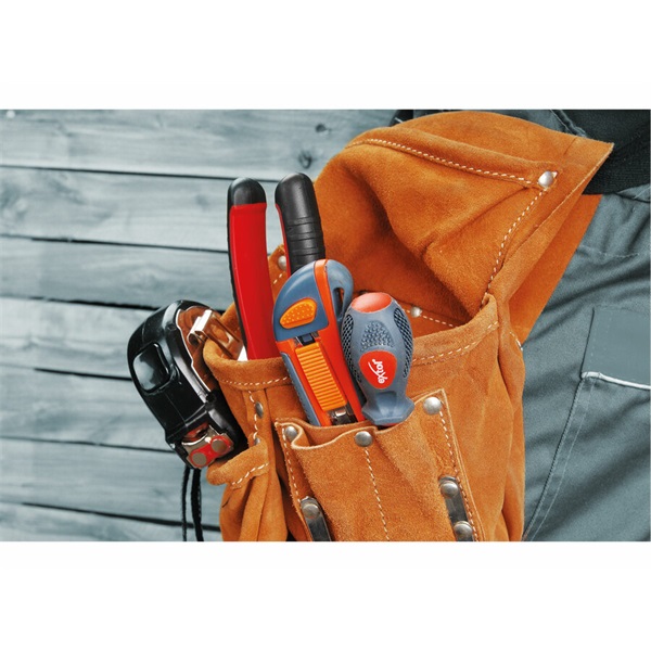 szerszámtáska ácsoknak, bőr, övre fűzhető; 5 zsebbel