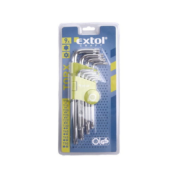 torx kulcs klt., Cr40. 9db, egyik vége lyukas; T10,15,20,25,27,30,40,45,50, bliszteren