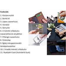 túlélő kártya, 11 funkciós, tokkal; 6,9×4,5×0,2cm, inox