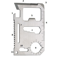 túlélő kártya, 11 funkciós, tokkal; 6,9×4,5×0,2cm, inox