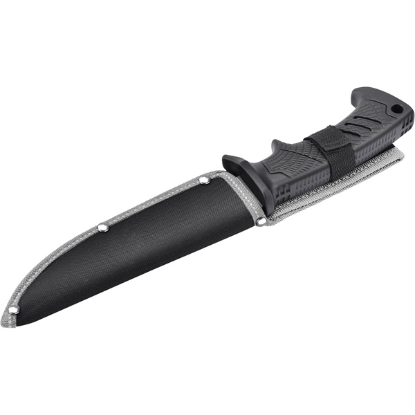 vadász- és túrakés, 3CR13 rozsdamentes acél penge, műanyag nyél, nylon tok, teljes/penge hossz: 270mm/145mm